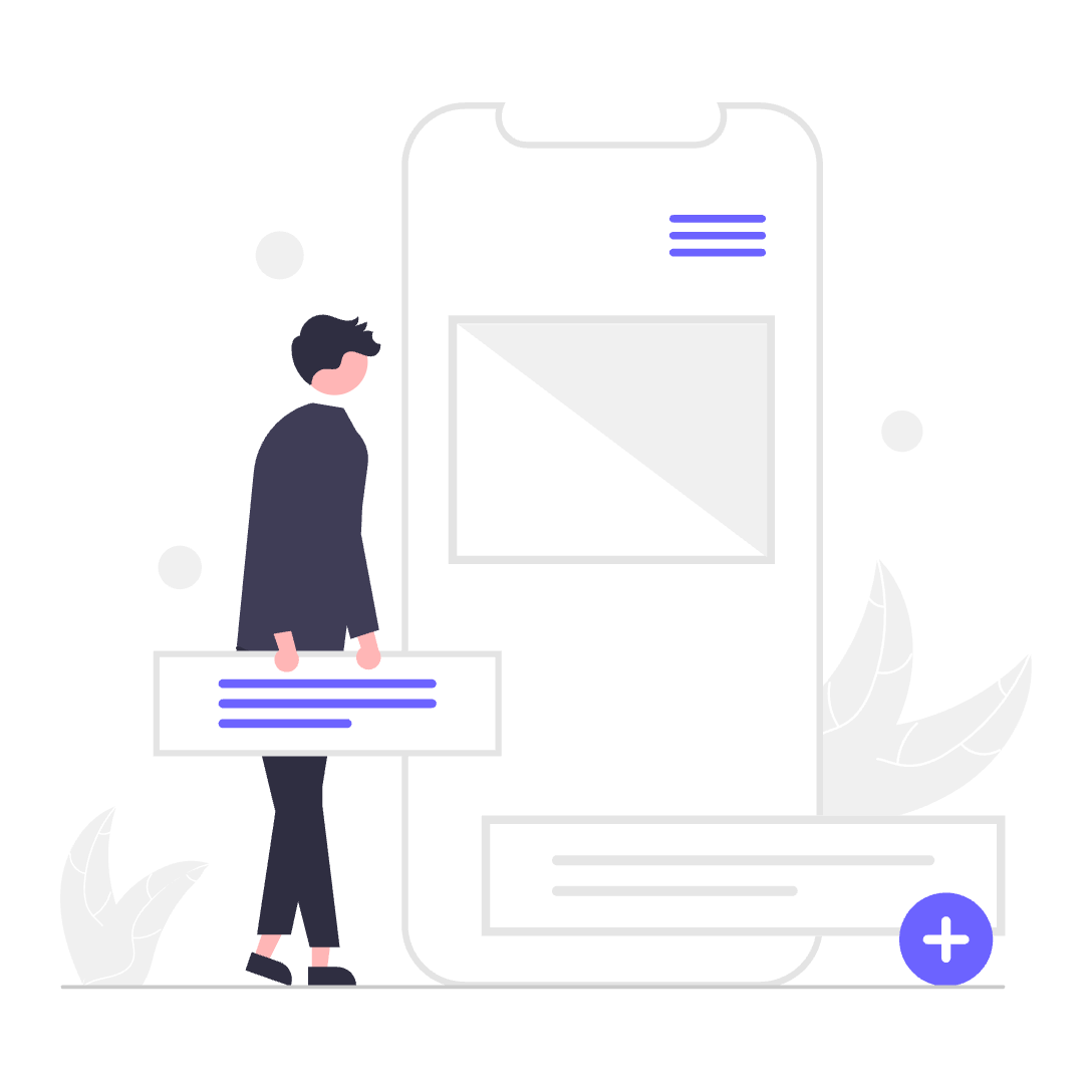 Ilustración de una persona que sostiene carteles de texto mientras se encuentra al lado de un teléfono móvil grande, simbolizando el desarrollo web y la creación de contenido.