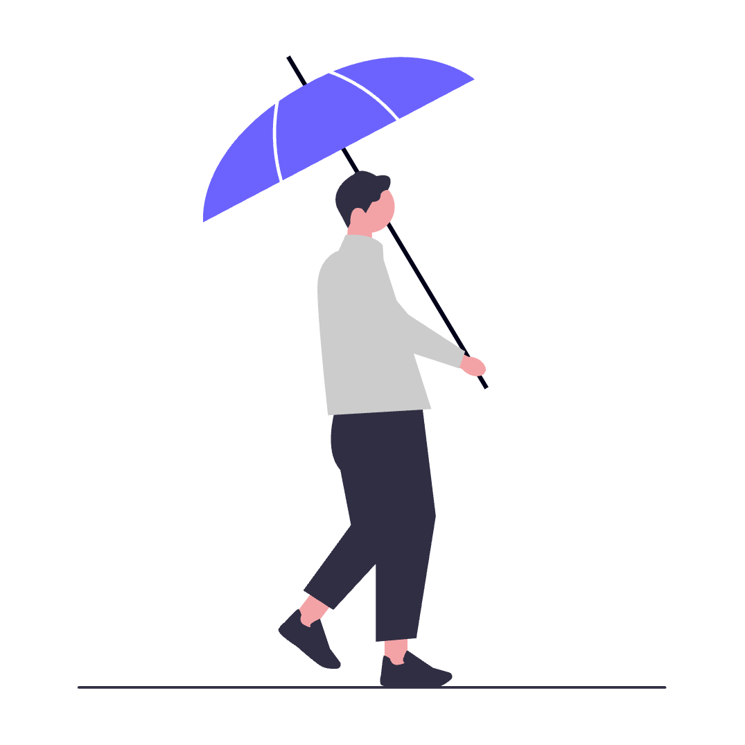 Ilustración de una persona caminando con un paraguas morado en un fondo blanco.